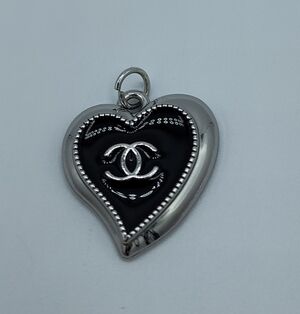 CHANEL Heart Charm Silver Tone Black Enamel CC Logo Bag Charm Pendant